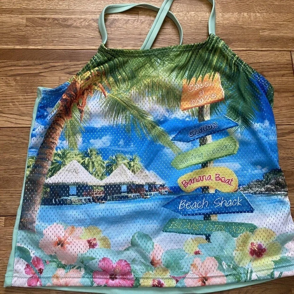 OP Ocean Pacific Mint & Multi-Color Mesh Hawaiian Tankini Swim Top And Bottoms X